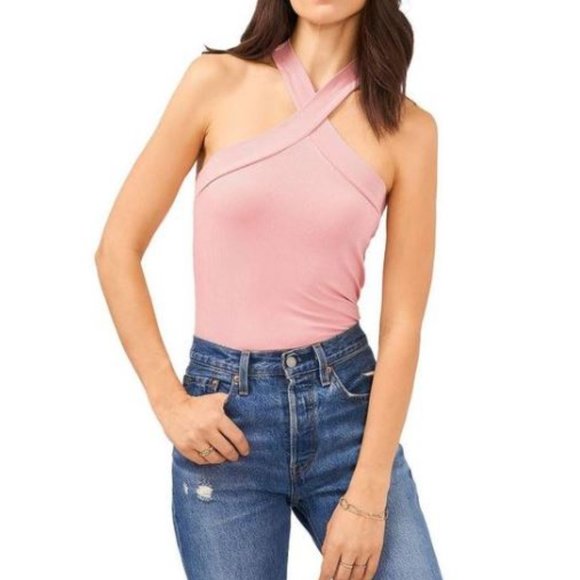 NWT 1.State Women's Pink Ribbed Halter Sleeveless Tank Top Shirt Petite XL - Picture 1 of 16
